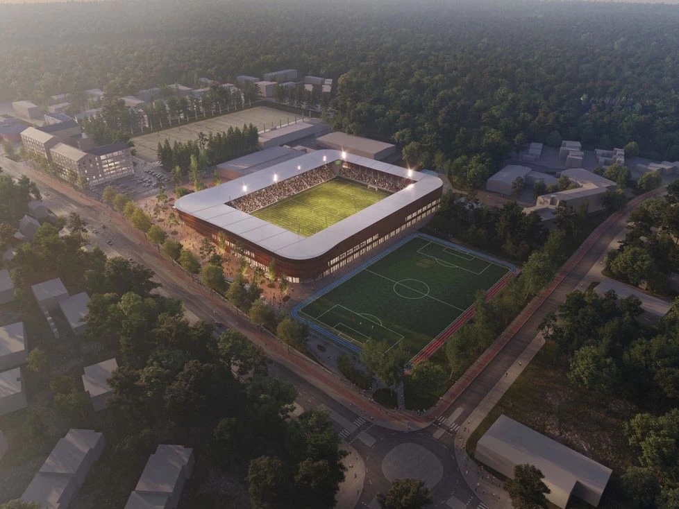 Havainnekuva uudesta stadionista iltavalossa
